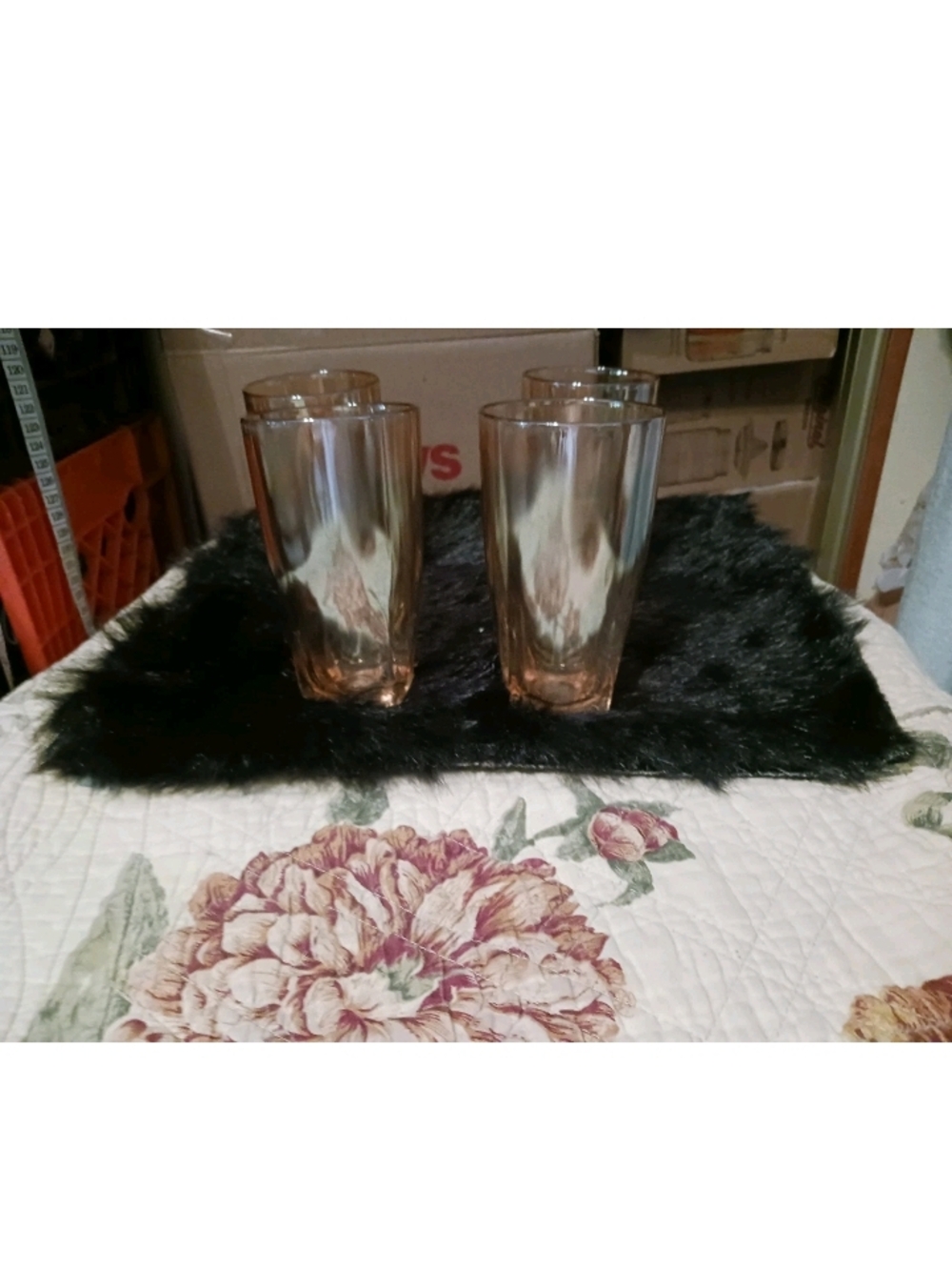 Set of 4   Vintage Jeannette Glass Iridescent Peach Carnival Glass Tea Cups